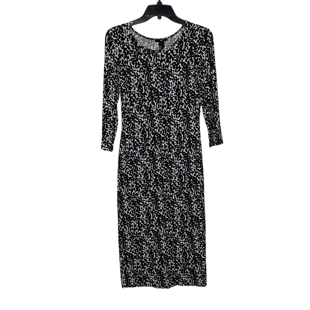 H&M T-Shirt Dress Size Small Black White Pattern Stretch Blend Womens 3/4 Sleeve